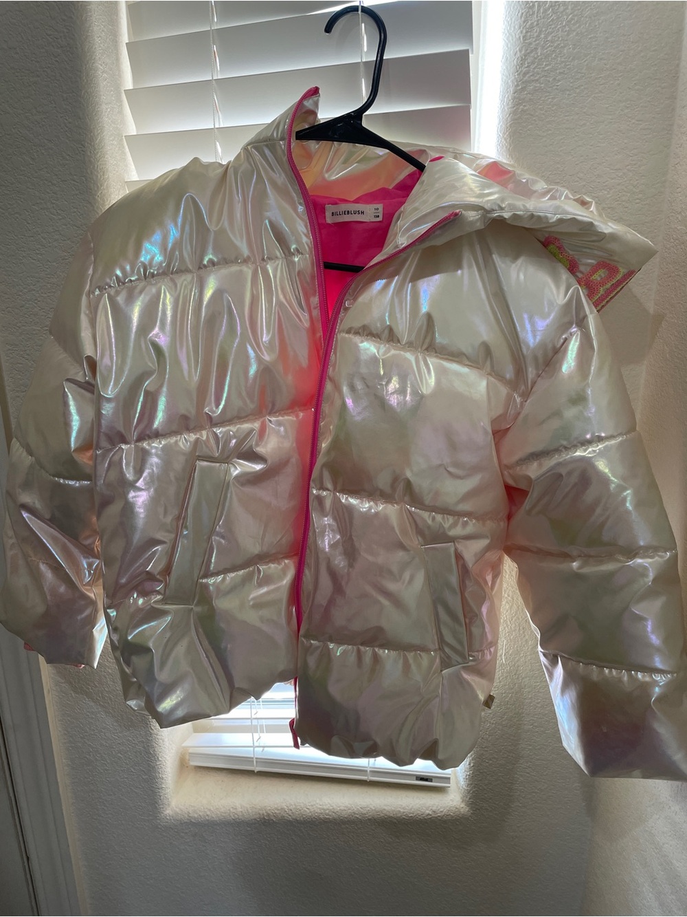 Billieblush Iridescent Puffer Jacket with Pink Trim
